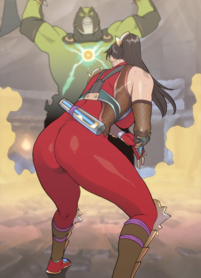 ass astaroth_(soulcalibur) bare_shoulders bodysuit bruise highres injury nappii_(nappy_happy) ninja ponytail skin_tight soulcalibur soulcalibur_iv squatting sweat taki_(soulcalibur)