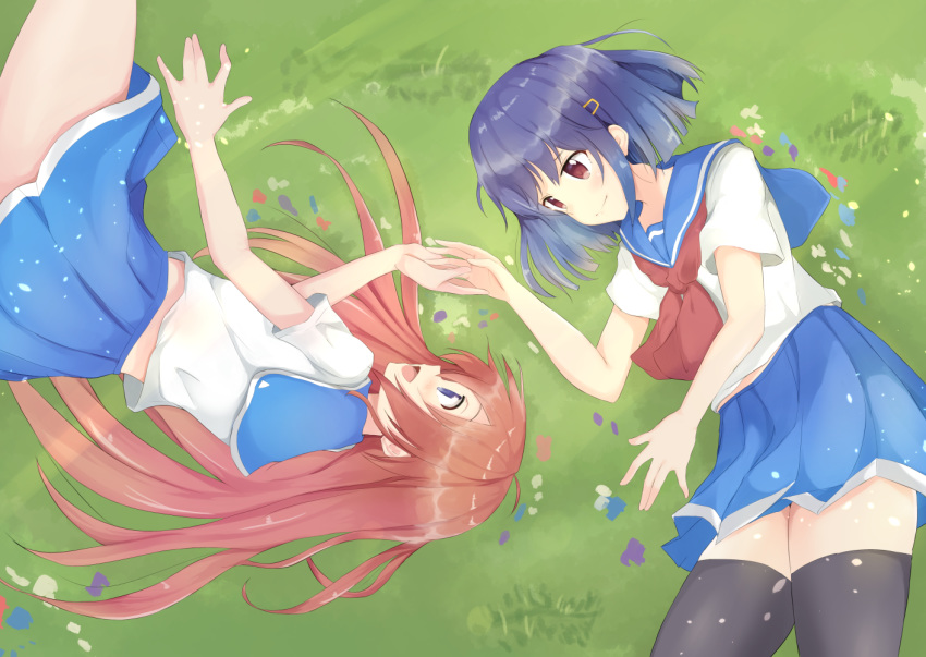 black_legwear blue_eyes blue_hair blue_skirt burasuko commentary_request day eye_contact flip_flappers grass hair_ornament hairclip hands_together kokomine_cocona light_particles long_hair looking_at_another lying multiple_girls neckerchief on_grass on_ground on_side open_mouth orange_hair outdoors papika_(flip_flappers) pleated_skirt red_eyes red_neckwear sailor_collar school_uniform serafuku shirt short_hair short_sleeves skirt smile thighhighs very_long_hair white_shirt yuri