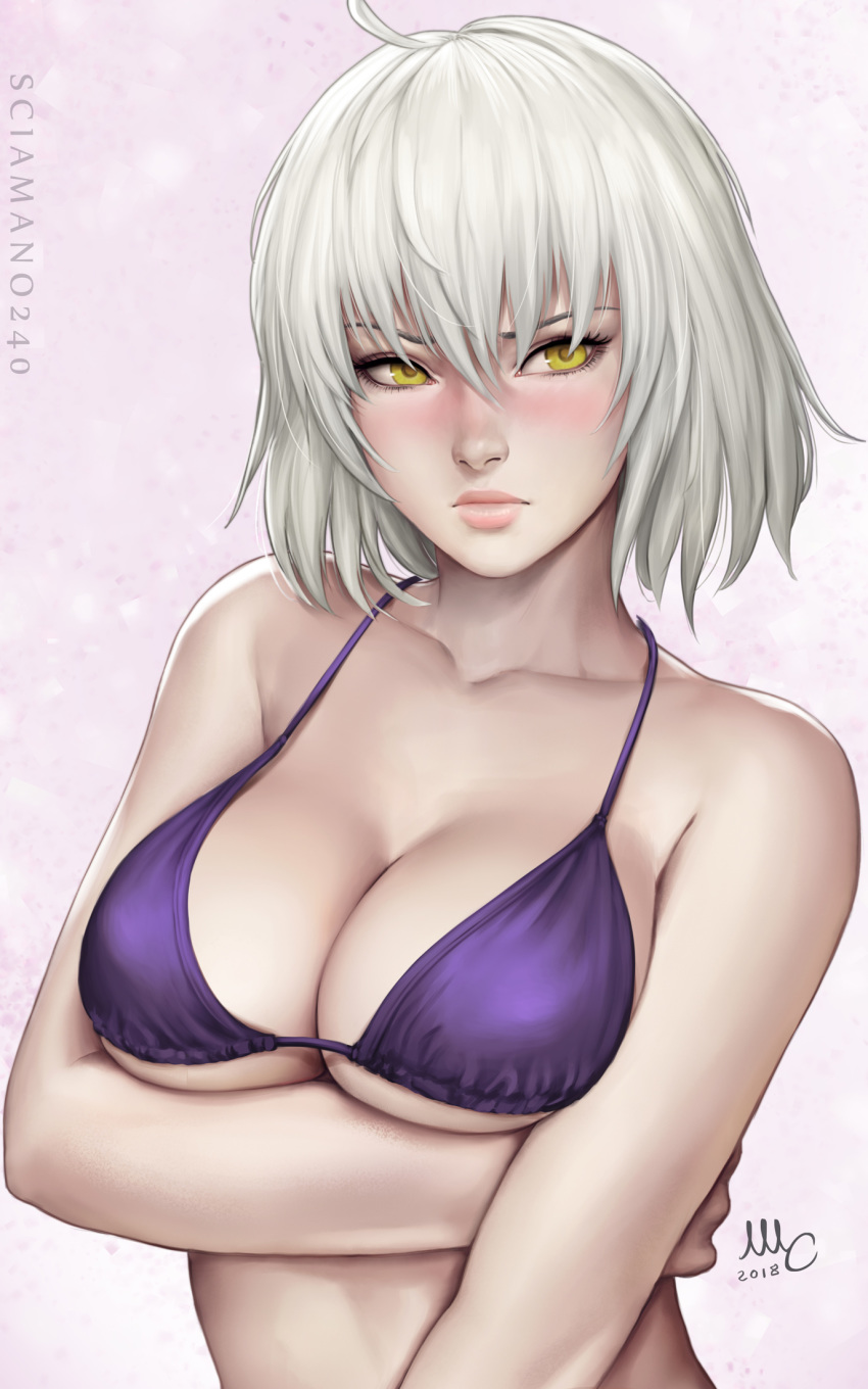 antenna_hair arm_under_breasts artist_name bangs bare_shoulders bikini_top blush breast_hold breasts cleavage closed_mouth collarbone dated fate/grand_order fate_(series) hair_between_eyes highres jeanne_d'arc_(alter)_(fate) jeanne_d'arc_(fate)_(all) jewelry large_breasts lips looking_at_viewer purple_bikini_top realistic sciamano240 short_hair silver_hair solo yellow_eyes