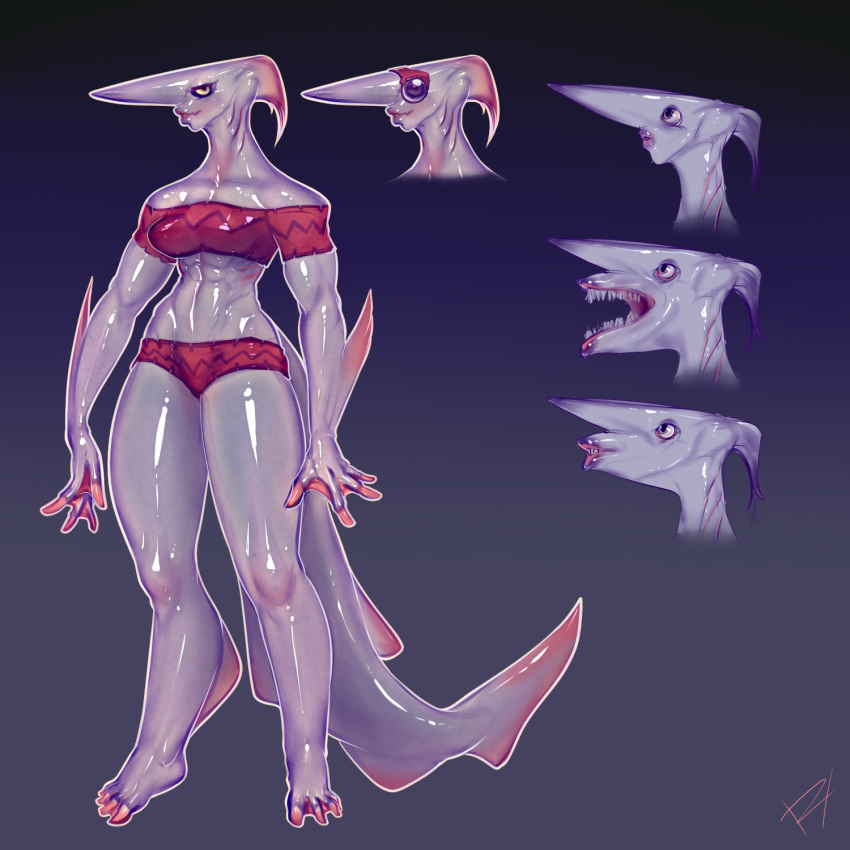 2015 anthro breasts clothing derek_hetrick eyewear female fish gills goblin_shark goggles hi_res lips marine mitsu_(derek_hetrick) open_mouth shark sharp_teeth solo swimsuit teeth webbed_feet webbed_hands