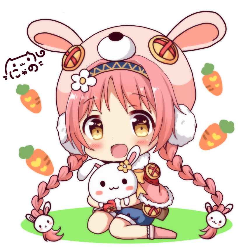 :3 :d akane_mimi animal animal_ears animal_hat animal_hug blue_shorts blush boots bow braid brown_eyes bunny bunny_ears bunny_hair_ornament bunny_hat capelet carrot chibi closed_mouth commentary_request flower fur-trimmed_capelet fur-trimmed_mittens fur_trim hair_flower hair_ornament hat heart heart_in_eye highres long_hair low_twintails mittens nyano21 open_mouth pink_capelet pink_footwear pink_hair princess_connect! princess_connect!_re:dive puffy_shorts red_mittens short_shorts shorts signature sitting smile socks solo symbol_in_eye twin_braids twintails very_long_hair wariza white_background white_flower white_legwear yellow_bow yellow_flower