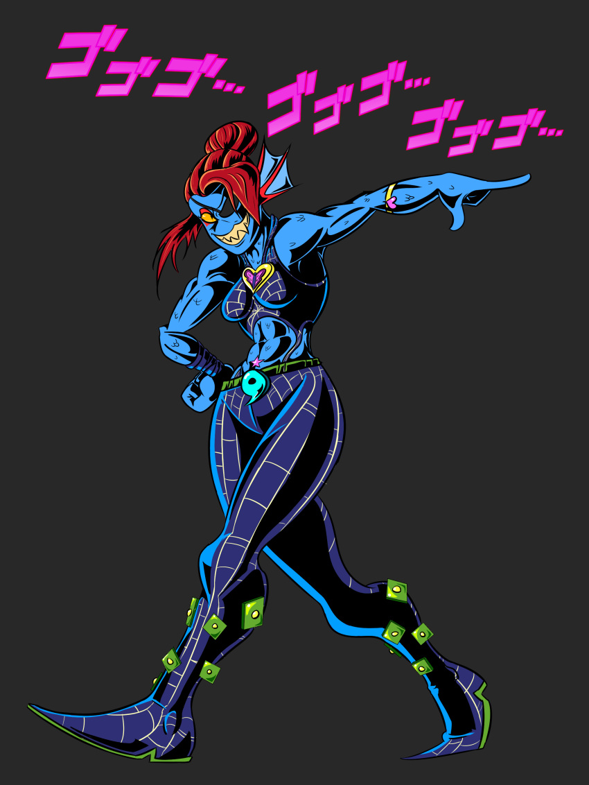 &lt;3 claymore-smile clothed clothing cosplay crossover eye_patch eyewear female fish grey_background hair hi_res humanoid japanese_text jojo's_bizarre_adventure jolyne_cujoh marine red_hair simple_background smile solo teeth text undertale undyne video_games yellow_sclera ゴゴゴゴゴ