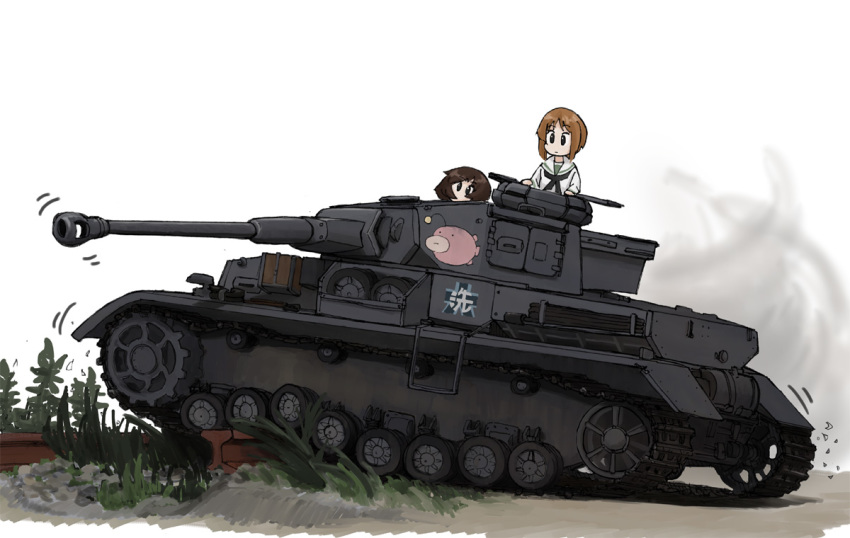 akiyama_yukari brown_eyes brown_hair commentary_request emblem girls_und_panzer grass ground_vehicle military military_vehicle motor_vehicle multiple_girls nishizumi_miho nogitatsu ooarai_(emblem) ooarai_school_uniform panzerkampfwagen_iv short_hair tank white_background