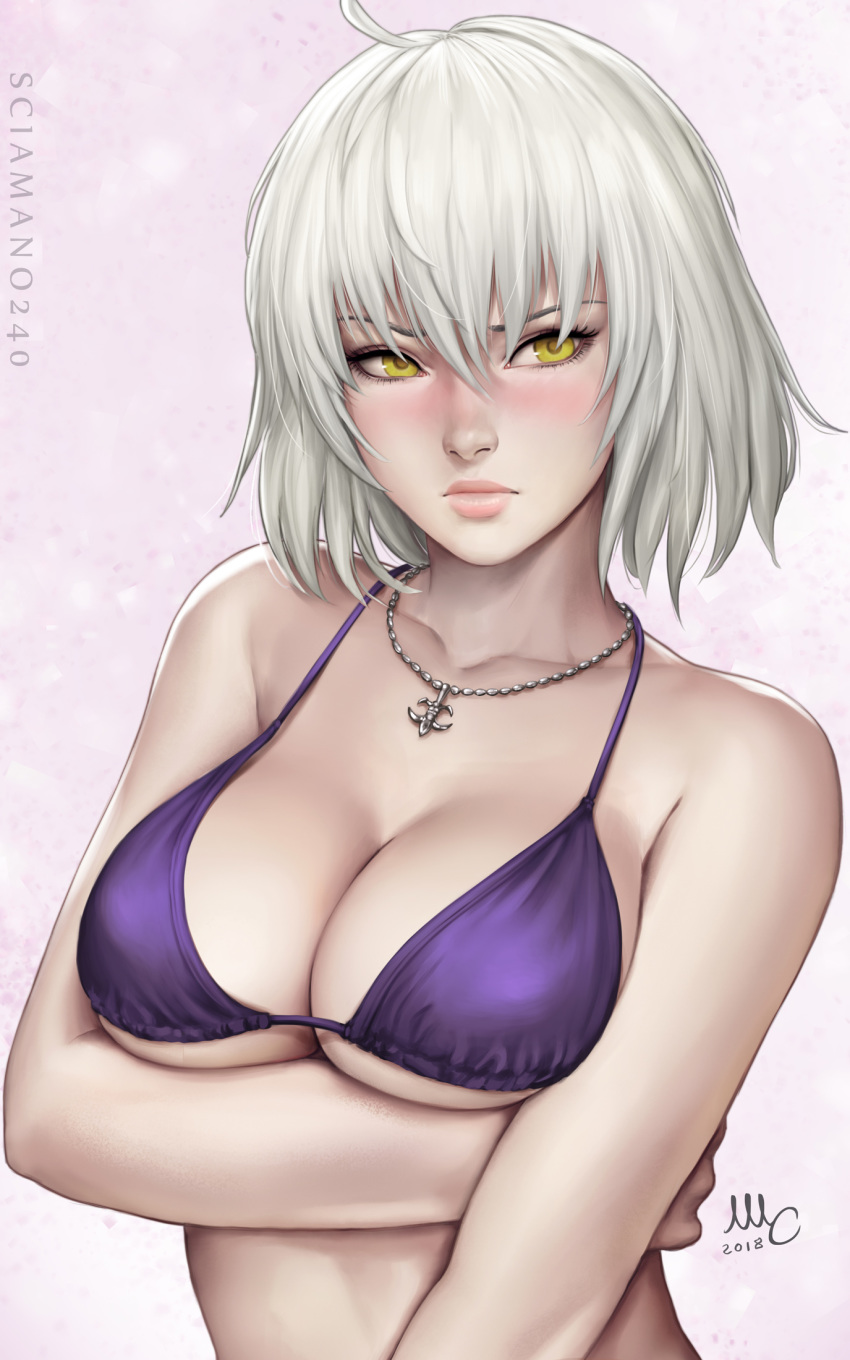 antenna_hair arm_under_breasts artist_name bangs bare_shoulders bikini_top blush breast_hold breasts cleavage closed_mouth collarbone dated fate/grand_order fate_(series) hair_between_eyes highres jeanne_d'arc_(alter)_(fate) jeanne_d'arc_(fate)_(all) jewelry large_breasts lips looking_at_viewer necklace purple_bikini_top realistic sciamano240 short_hair silver_hair solo yellow_eyes
