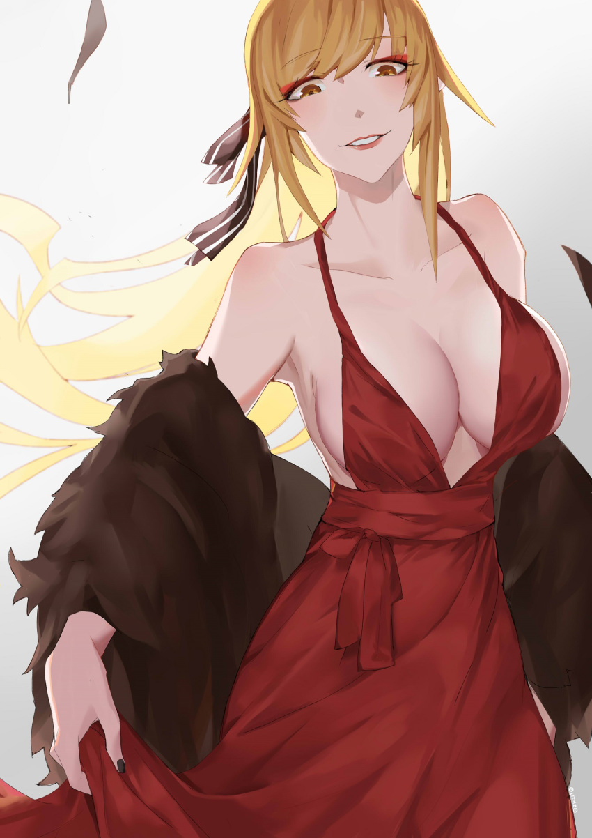 bakemonogatari bare_shoulders black_nails blonde_hair breasts cleavage collarbone commentary_request dress eyeshadow feather_boa hair_ribbon highres kiss-shot_acerola-orion_heart-under-blade large_breasts long_hair looking_at_viewer makeup monogatari_(series) nail_polish oshin0_(zheng) oshino_shinobu red_dress ribbon smile solo very_long_hair yellow_eyes