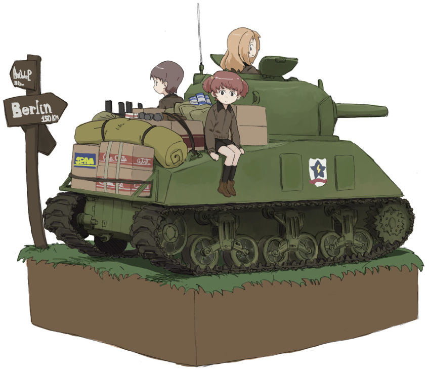 alisa_(girls_und_panzer) arm_support bangs black_legwear black_shorts blonde_hair box brown_footwear brown_jacket cardboard_box closed_mouth commentary emblem english freckles girls_und_panzer grass ground_vehicle hair_ornament jacket kay_(girls_und_panzer) loafers long_hair long_sleeves looking_at_another looking_at_viewer looking_back m4_sherman military military_uniform military_vehicle motor_vehicle multiple_girls naomi_(girls_und_panzer) nogitatsu saunders_(emblem) saunders_military_uniform shoes short_hair short_twintails shorts simple_background sitting smile socks spam star star_hair_ornament tank twintails uniform very_short_hair white_background