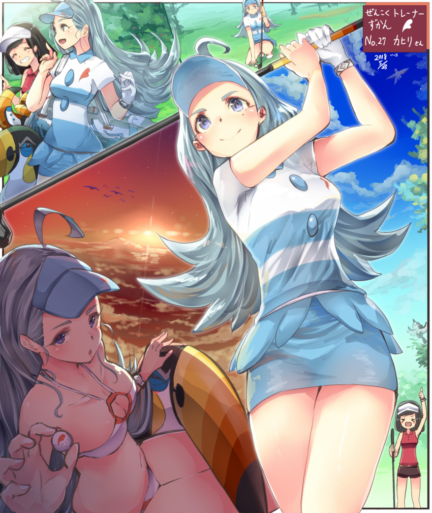 &gt;_&lt; ahoge aqua_hair ball bikini black_hair blue_hat breasts collared_shirt comic commentary e-co elite_four golf_ball golf_club hat highres holding holding_ball holding_golf_club kahili_(pokemon) long_hair medium_breasts mizuki_(pokemon) mole mole_under_eye pencil_skirt pokemon pokemon_(creature) pokemon_(game) pokemon_sm shirt short_hair short_sleeves silent_comic skirt smile striped striped_shirt swimsuit toucannon visor_cap