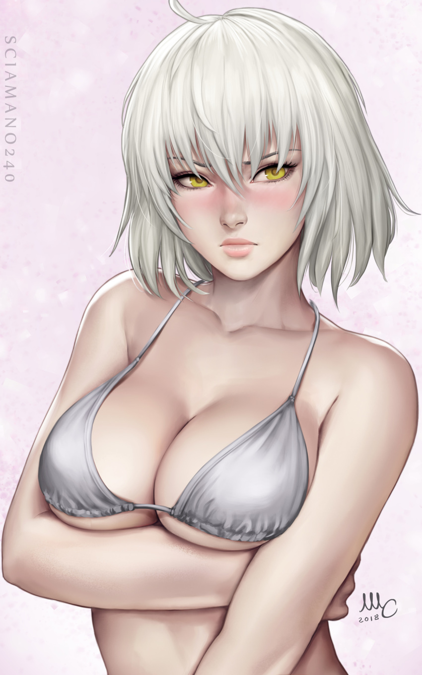 antenna_hair arm_under_breasts artist_name bangs bare_shoulders bikini_top blush breast_hold breasts cleavage closed_mouth collarbone dated fate/grand_order fate_(series) hair_between_eyes highres jeanne_d'arc_(alter)_(fate) jeanne_d'arc_(fate)_(all) jewelry large_breasts lips looking_at_viewer realistic sciamano240 short_hair silver_bikini_top silver_hair solo yellow_eyes