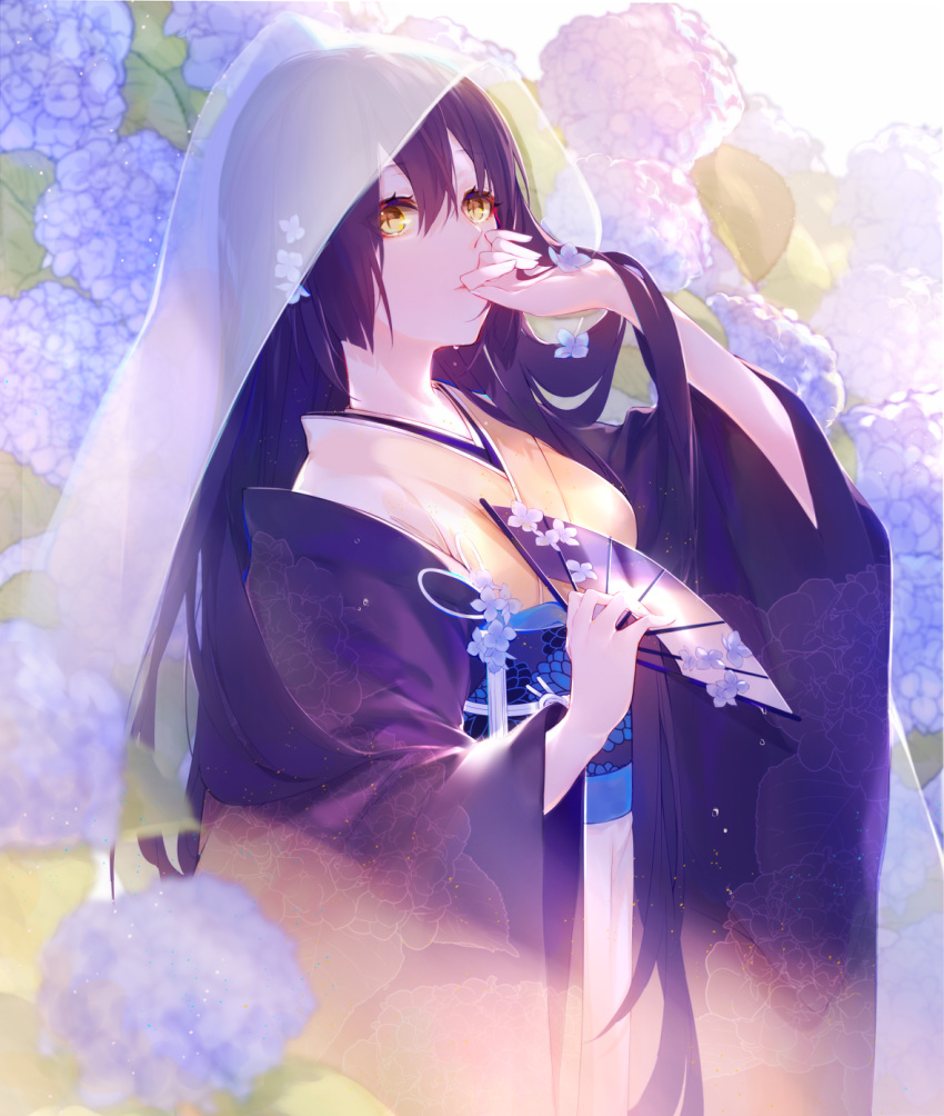 bangs beige_kimono black_hair black_kimono blue_flower blurry blurry_foreground brown_eyes closed_mouth commentary_request depth_of_field eyebrows_visible_through_hair fan floral_print flower folding_fan hair_between_eyes hand_up highres holding holding_fan hydrangea japanese_clothes kimono long_hair long_sleeves miyuki_(miyuki0529) obi original print_kimono sash see-through solo veil very_long_hair white_background white_flower wide_sleeves