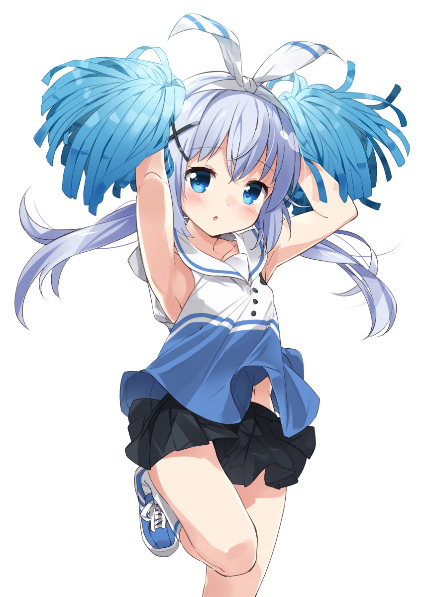 absurdres armpits arms_up bangs black_skirt blue_eyes blue_footwear blue_hair blush cheerleader collarbone collared_shirt commentary_request eyebrows_visible_through_hair gochuumon_wa_usagi_desu_ka? hair_between_eyes hair_ornament hair_ribbon highres kafuu_chino kneehighs long_hair looking_at_viewer low_twintails mousou_(mousou_temporary) navel parted_lips pleated_skirt pom_poms ribbon shirt shoes sidelocks simple_background skirt sleeveless sleeveless_shirt solo standing standing_on_one_leg twintails very_long_hair white_background white_legwear white_ribbon x_hair_ornament