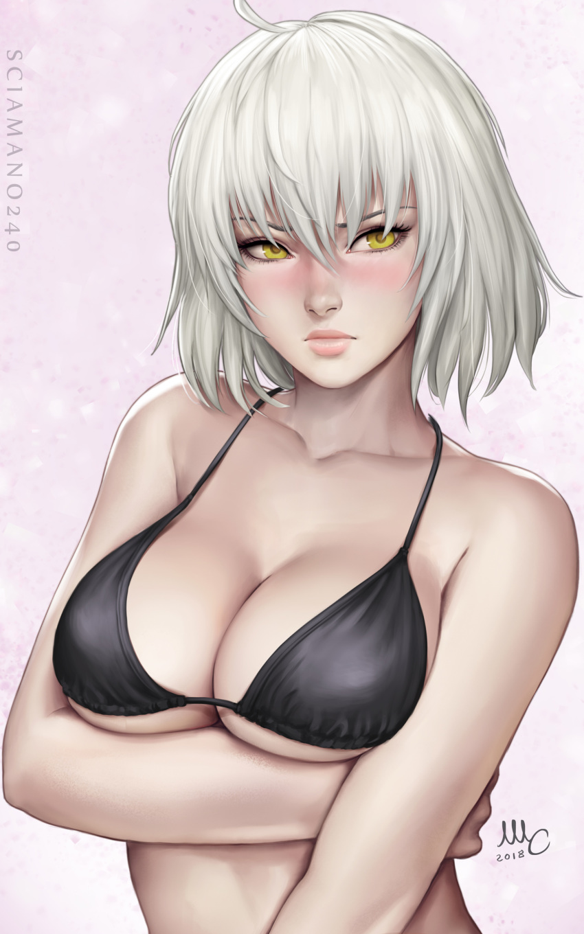 antenna_hair arm_under_breasts artist_name bangs bare_shoulders bikini_top black_bikini_top blush breast_hold breasts cleavage closed_mouth collarbone dated fate/grand_order fate_(series) hair_between_eyes highres jeanne_d'arc_(alter)_(fate) jeanne_d'arc_(fate)_(all) jewelry large_breasts lips looking_at_viewer realistic sciamano240 short_hair silver_hair solo yellow_eyes
