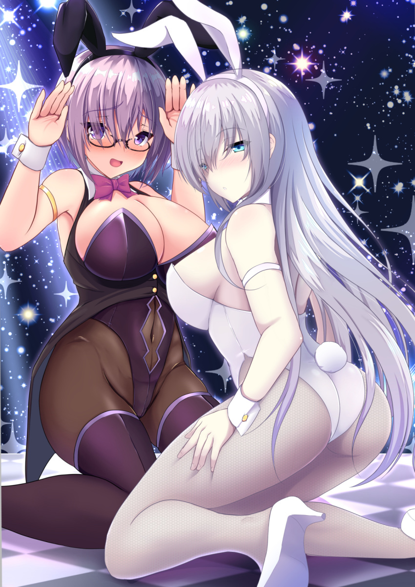 anastasia_(fate/grand_order) animal_ears bare_shoulders black_leotard blue_eyes blush boots bow bowtie breasts bunny_ears bunny_girl bunny_tail bunnysuit checkered checkered_floor cleavage commentary_request detached_collar eyebrows_visible_through_hair fate/grand_order fate_(series) fishnet_pantyhose fishnets glasses hair_between_eyes high_heels highres large_breasts leotard long_hair looking_at_viewer mash_kyrielight multiple_girls okatora open_mouth pantyhose purple_eyes purple_hair seiza short_hair silver_hair sitting sky star_(sky) starry_sky tail thigh_boots thighhighs white_leotard wrist_cuffs