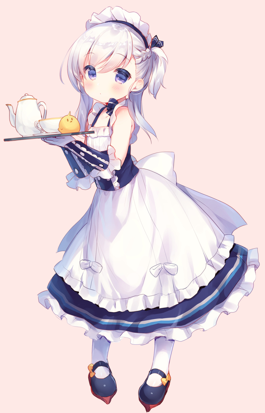 apron azur_lane belchan_(azur_lane) belfast_(azur_lane) bird blue_bow blue_dress blue_eyes blue_footwear blue_gloves blue_ribbon blush bow braid cup dress elbow_gloves gloves highres holding holding_tray leaning_forward long_hair looking_at_viewer maid maid_apron maid_headdress one_side_up pink_background plate ribbon silver_hair sleeveless sleeveless_dress solo standing teacup teapot tray usashiro_mani white_apron white_bow white_gloves white_legwear yellow_bow