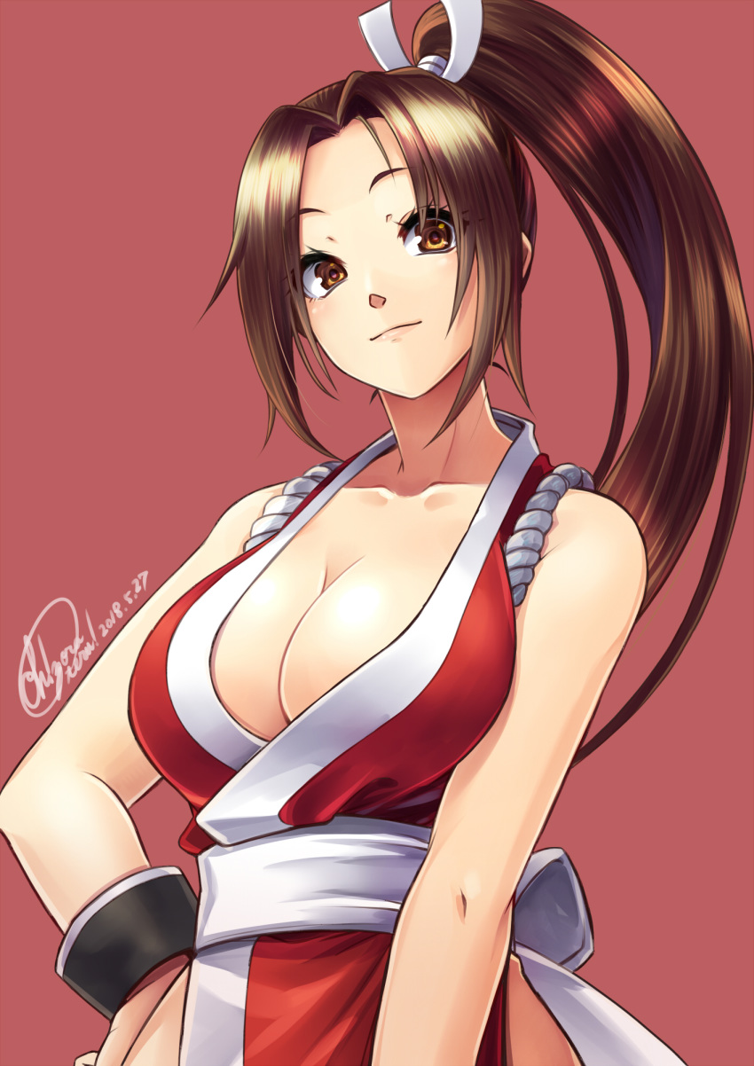 bare_shoulders bracer breasts brown_eyes brown_hair cleavage commentary_request fan fatal_fury folding_fan hair_tie hand_on_hip high_ponytail highres japanese_clothes large_breasts long_hair ninja obi ooike_teru pelvic_curtain ponytail revealing_clothes ribbon rope sash shiranui_mai signature smirk the_king_of_fighters white_ribbon