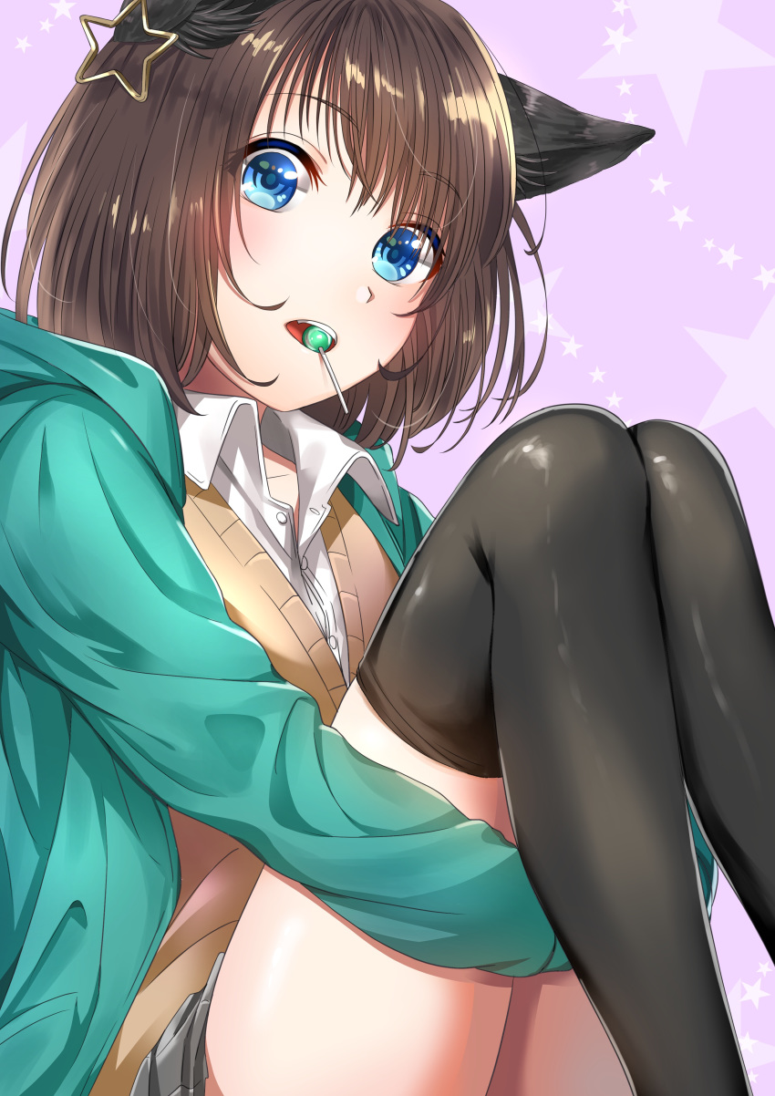 absurdres animal_ears bangs black_legwear blue_eyes candy cat_ears commentary_request food hair_between_eyes highres jacket leg_hug lollipop looking_at_viewer mouth_hold open_clothes open_jacket original routo_(rot_0) shirt short_hair simple_background sitting solo sweater_vest thighhighs white_shirt