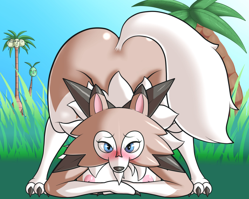 alolan_exeggutor anthro anthrofied bent_over big_breasts blue_eyes blush breast_squish breasts brown_fur claws erect_nipples female fur looking_at_viewer lycanroc midday_lycanroc nintendo nipples nude outside pok&eacute;mon pok&eacute;mon_(species) pok&eacute;morph regional_variant solo video_games white_fur yokuvika