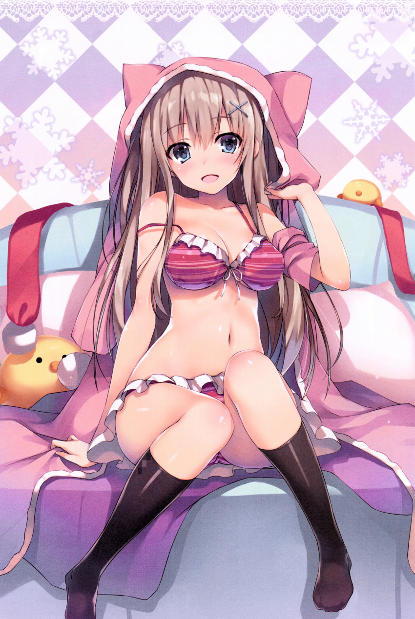 1girl :d absurdres animal_hood arm_support bare_arms bare_shoulders bikini black_legwear blush breasts brown_hair cat_hood checkered checkered_background cleavage couch eyebrows_visible_through_hair foreshortening frilled_bikini frills front-tie_bikini front-tie_top highres hood hood_up knees_up long_hair looking_at_viewer medium_breasts navel no_shoes on_couch open_clothes open_mouth original pillow scan sitting smile snowflakes solo strap_slip striped striped_bikini stuffed_animal stuffed_toy swimsuit tareme tomose_shunsaku very_long_hair