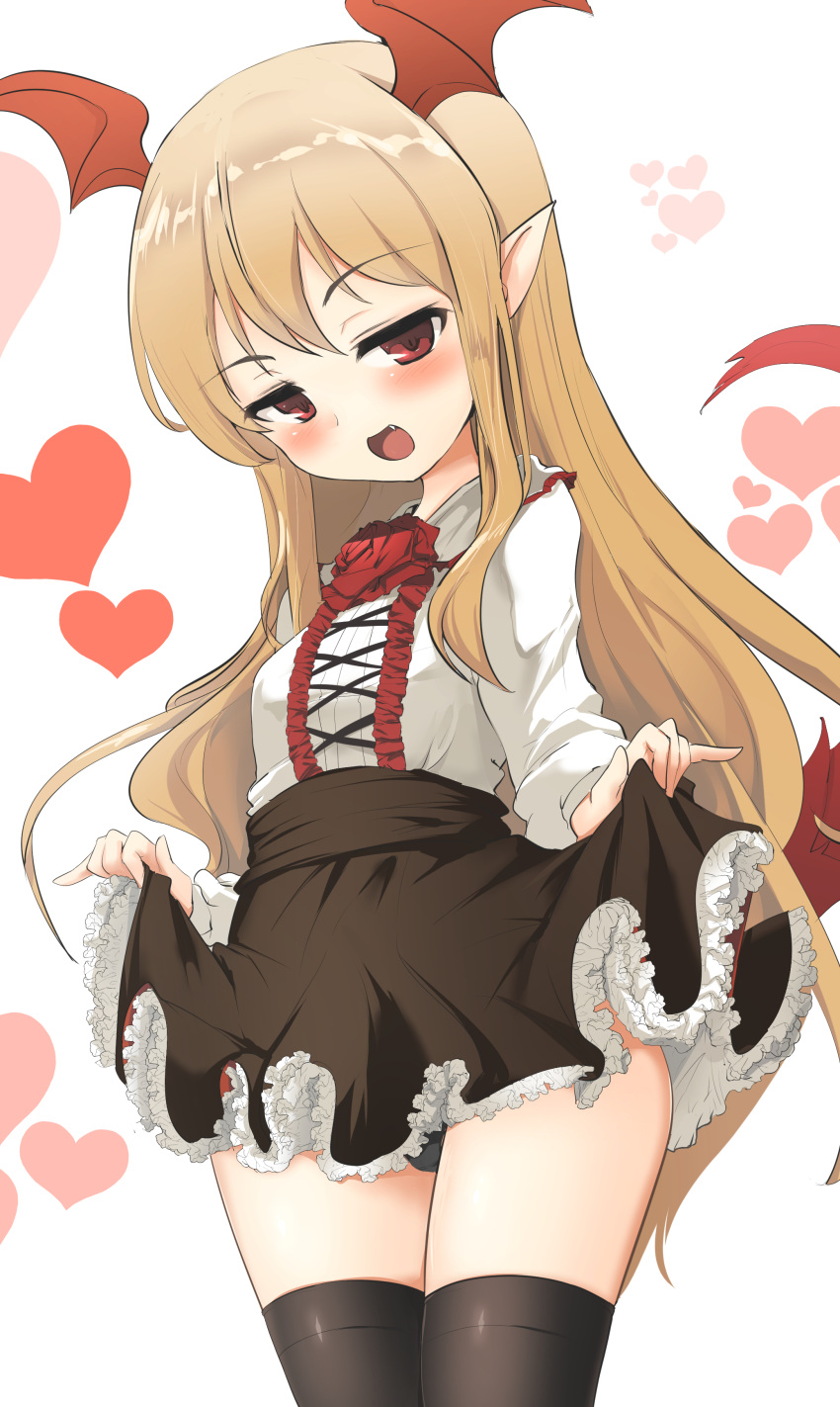 :d absurdres bangs bat_wings black_legwear black_panties black_skirt blonde_hair breasts center_frills commentary_request eyebrows_visible_through_hair fang flower frills granblue_fantasy hair_between_eyes head_wings heart high-waist_skirt highres lifted_by_self long_hair long_sleeves momio open_mouth panties pointy_ears red_eyes red_flower red_rose red_wings rose shingeki_no_bahamut shirt skirt skirt_lift small_breasts smile solo thighhighs underwear vampy very_long_hair white_background white_shirt wings