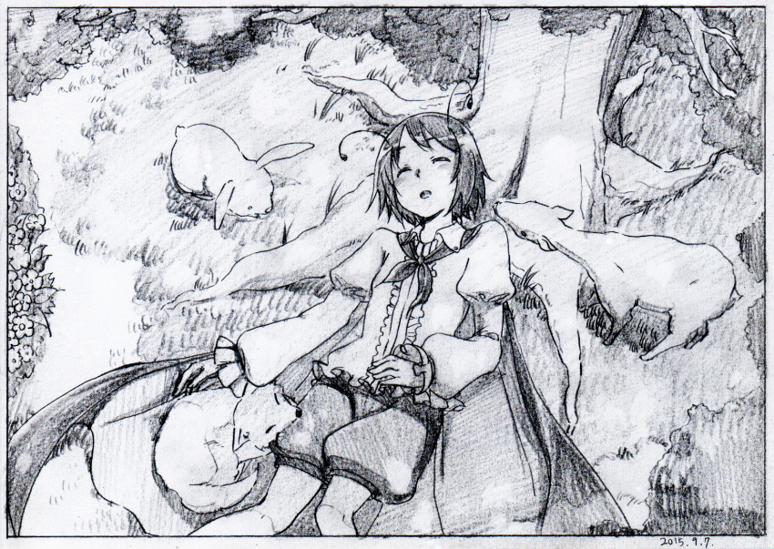 antennae black_border blouse border bunny bush cape closed_eyes dated fawn flower fox graphite_(medium) grass greyscale highres juliet_sleeves long_sleeves lying monochrome nature on_back outdoors pink_x puffy_sleeves scan short_hair shorts sleeping solo touhou traditional_media tree tree_shade under_tree wriggle_nightbug