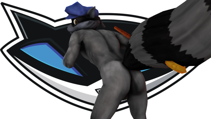 2018 3d_(artwork) anthro balls butt cane digital_media_(artwork) hat looking_back male malicekira mammal muscular muscular_male nude procyonid raccoon rear_view sly_cooper sly_cooper_(series) smile solo video_games