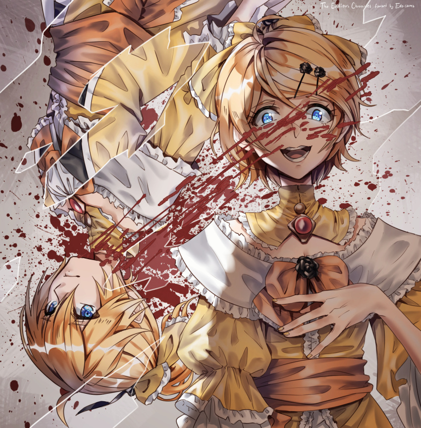 1girl aku_no_meshitsukai_(vocaloid) aku_no_musume_(vocaloid) allen_avadonia bangs blonde_hair blood blood_on_face blood_splatter blood_stain blue_eyes bow broken_mirror brother_and_sister brown_jacket choker cravat crossdressing dress edo-sama evil_eyes evil_smile evillious_nendaiki flower frilled_dress frills hair_bow hair_ornament hairclip hand_on_own_chest highres jacket juliet_sleeves kagamine_len kagamine_rin laughing long_sleeves nail_polish puffy_sleeves riliane_lucifen_d'autriche rose serious shards siblings smile twins updo upside-down vocaloid yellow_dress yellow_jacket yellow_nails