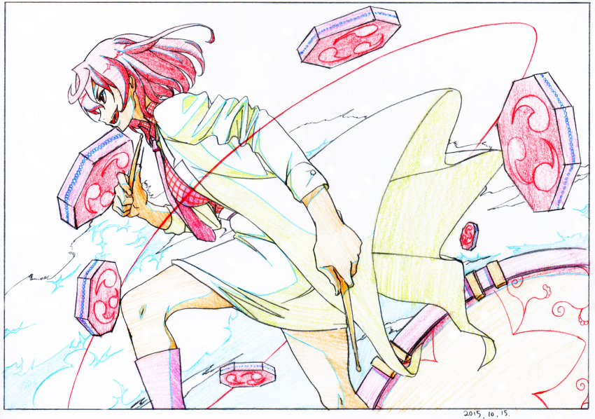 :d black_border border checkered checkered_shirt coat colored_pencil_(medium) dated from_side graphite_(medium) green_coat green_skirt highres holding horikawa_raiko key_frame knee_up long_sleeves necktie open_clothes open_coat open_mouth pink_legwear pink_x profile red_eyes red_hair red_neckwear red_shirt scan shirt short_hair sideways_mouth skirt smile socks solo touhou traditional_media