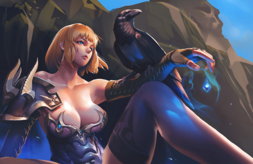 armor bangs bird blonde_hair blue_eyes breasts cleavage collarbone crow day elbow_gloves fingerless_gloves gem gloves highres large_breasts leotard lips looking_afar mabinogi mabinogi_heroes nene_(taiwan) outdoors rock short_hair shoulder_armor sitting solo spread_legs strapless strapless_leotard thighhighs