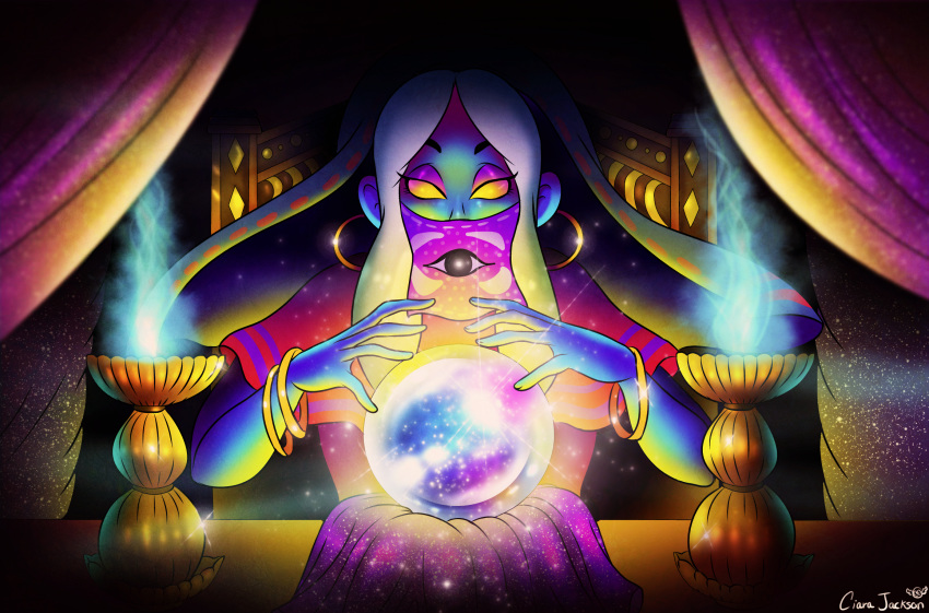 crystal_ball doublemaximus ear_piercing fortune_teller ghost hair luigi's_mansion madame_clairvoya mask not_furry piercing spirit white_hair yellow_eyes