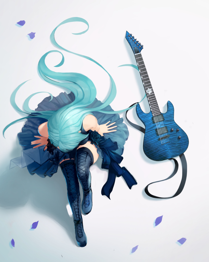 1girl aqua_hair arms_at_sides bang_dream! bare_arms bare_shoulders black_dress black_flower black_footwear black_rose blue_eyes boots commentary_request cross-laced_footwear dress electric_guitar esp_guitars flower from_above full_body guitar highres hikawa_sayo instrument knee_up korean_commentary lace-up_boots long_hair npt_(akzkfhsk0503) petals revision rose sitting sleeveless sleeveless_dress solo striped thigh_boots thighhighs vertical_stripes very_long_hair