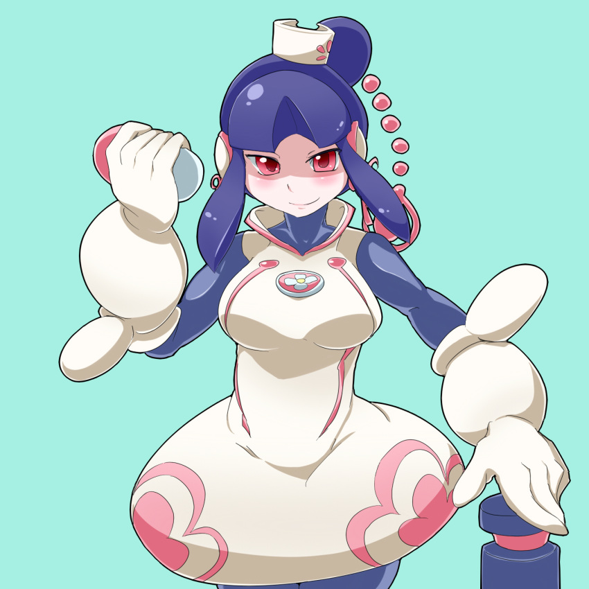 android blue_background blue_hair bodysuit breasts capcom commentary_request cowboy_shot elbow_gloves gloves hat helmet highres holding large_breasts medi netnavi nisemono_faker nurse nurse_cap robot_ears rockman rockman_exe sidelocks simple_background smile solo white_gloves