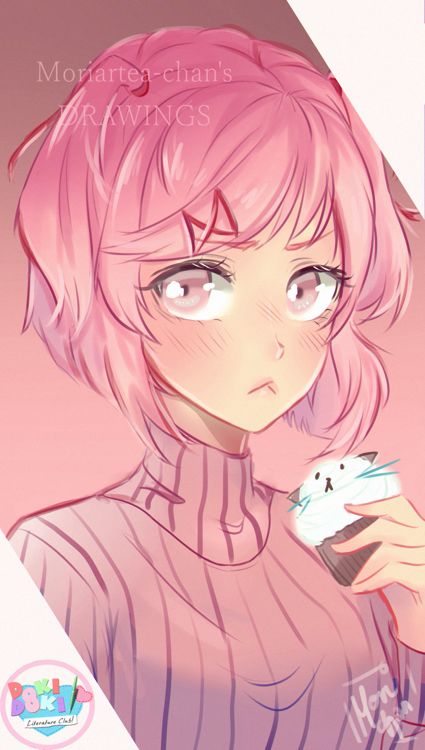:&lt; absurdres artist_name blush commentary copyright_name cupcake doki_doki_literature_club english_commentary eyebrows_visible_through_hair food hair_ornament hairclip highres looking_at_viewer moriartea-chan natsuki_(doki_doki_literature_club) pink_eyes pink_hair pink_sweater ribbed_sweater short_hair solo sweater upper_body