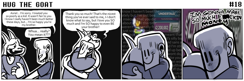 anthro asriel_dreemurr boss_monster caprine chara_(undertale) clothed clothing comic duo english_text goat hair horn hug human long_ears mammal squatlord text undertale video_games