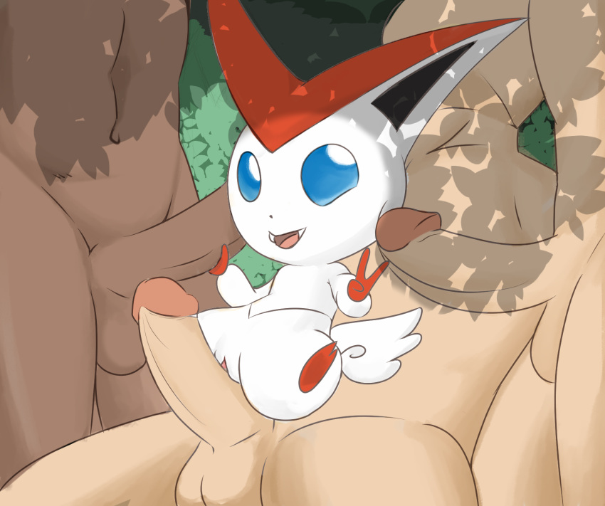 blue_eyes digital_media_(artwork) erection female feral foursome group group_sex legendary_pok&eacute;mon looking_at_viewer mammal nintendo nude penis pok&eacute;mon pok&eacute;mon_(species) pussy sex shiny simple_background sin-buttons_(artist) smile victini video_games