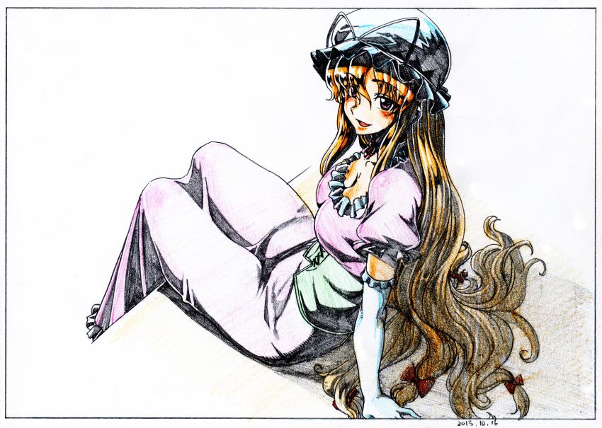 :d black_border blonde_hair blue_hat blush border bow breasts cleavage colored_pencil_(medium) dated dress elbow_gloves eyebrows_visible_through_hair from_above from_side gloves graphite_(medium) hair_ribbon hat highres key_frame large_breasts long_dress long_hair looking_at_viewer open_mouth pillow_hat pink_dress pink_x puffy_short_sleeves puffy_sleeves red_bow ribbon scan short_sleeves sidelocks sitting smile solo touhou traditional_media tress_ribbon underbust very_long_hair white_gloves yakumo_yukari