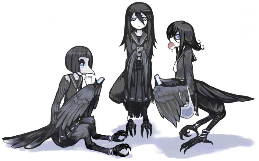 bag black_hair black_sailor_collar black_shirt blue_eyes bob_cut cellphone closed_mouth eating hair_between_eyes harpy holding holding_cellphone holding_phone idon jewelry long_hair looking_at_viewer monster_girl mouth_hold original phone plague_doctor_mask pleated_skirt sailor_collar school_uniform serafuku shirt sipping sitting skirt smartphone standing