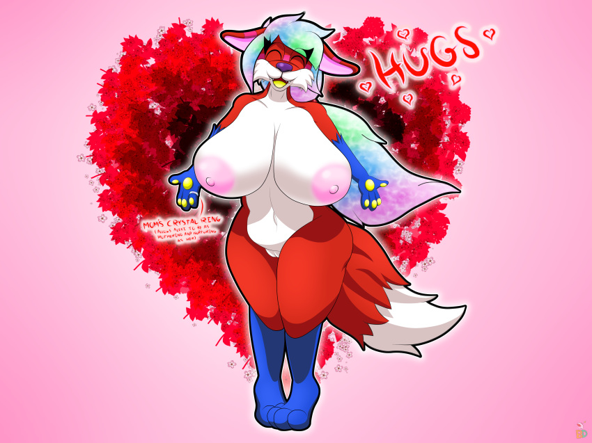 &lt;3 alexi anthro areola bds_charmeleon big_breasts breasts canine cute digital_media_(artwork) eyes_closed female fox hair happy hug huge_breasts long_hair mammal nipples open_arms pink_areola ponytail pussy red_fox solo standing thick_thighs wants_a_hug