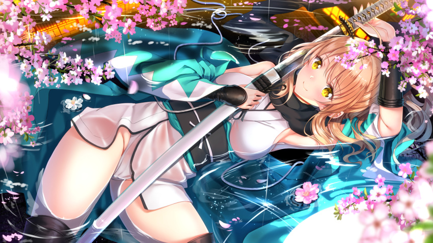 arm_guards arm_up armpits bangs bare_shoulders black_legwear black_scarf blurry blurry_foreground blush breasts closed_mouth commentary_request depth_of_field eyebrows_visible_through_hair fate/grand_order fate_(series) flower groin hair_between_eyes haori highres holding holding_sheath japanese_clothes katana kimono koha-ace light_brown_hair long_hair long_sleeves looking_at_viewer lying medium_breasts okita_souji_(fate) okita_souji_(fate)_(all) on_back partially_submerged petals petals_on_liquid pink_flower pixiv_fate/grand_order_contest_2 scarf see-through shallow_water sheath sheathed short_kimono sleeveless sleeveless_kimono smile solo sword swordsouls thighhighs water weapon wet wet_clothes wet_kimono white_kimono wide_sleeves yellow_eyes