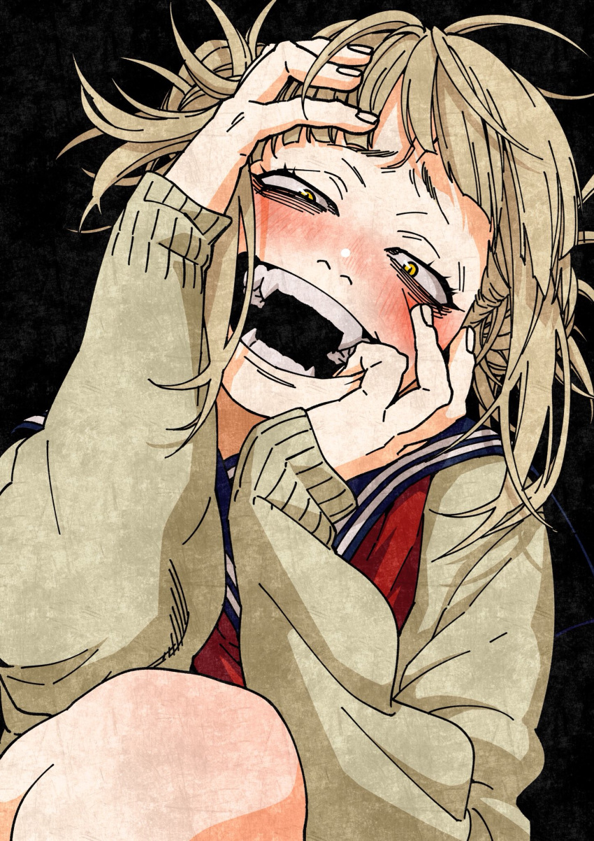 :d blonde_hair blush boku_no_hero_academia cardigan fangs finger_in_mouth hands_on_own_face head_tilt highres knee_up looking_at_viewer messy_hair neckerchief open_mouth sano-dou sanpaku school_uniform serafuku slit_pupils smile solo toga_himiko upper_body yandere_trance yellow_eyes