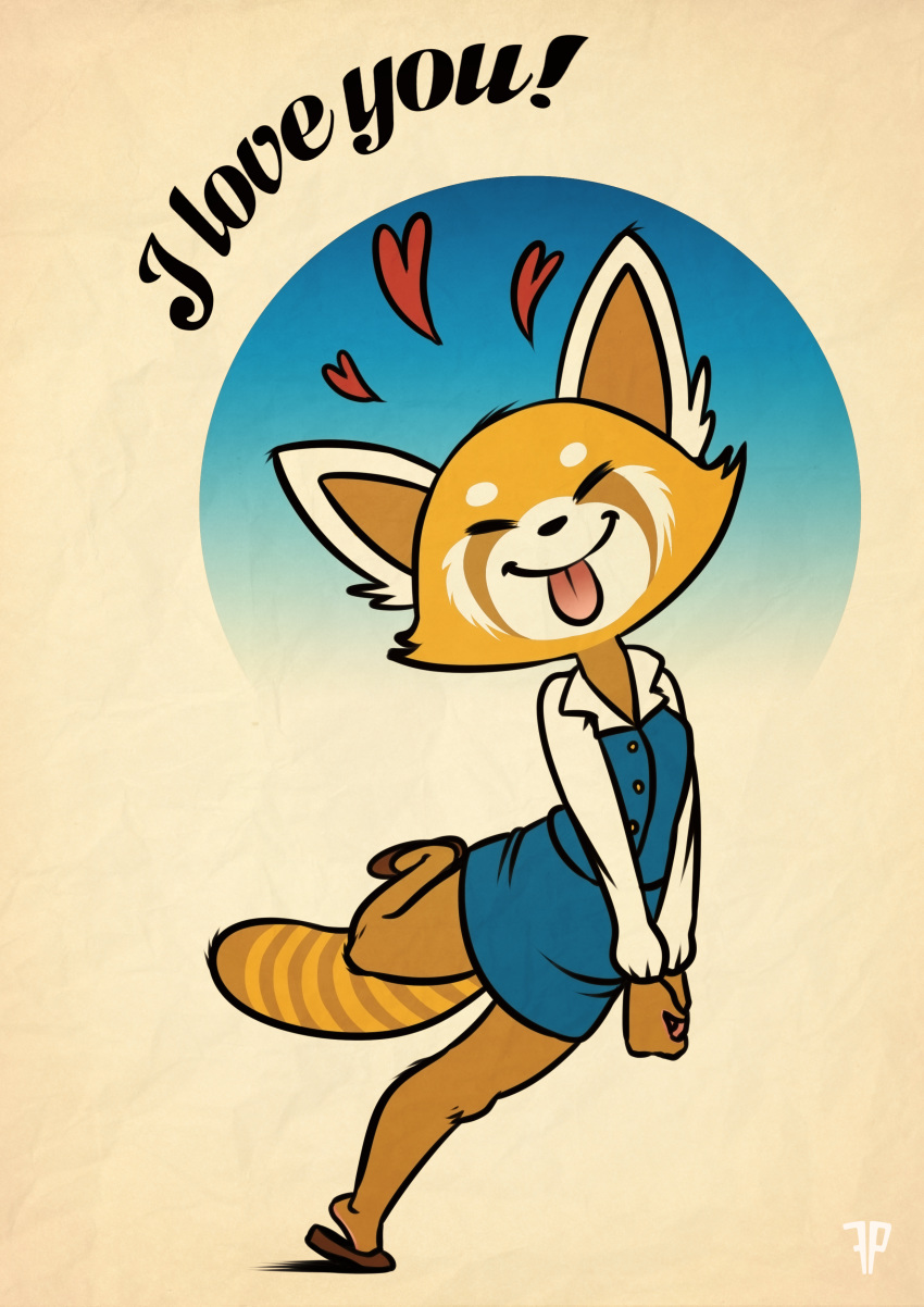 &lt;3 absurd_res aggressive_retsuko anthro clothed clothing cute dialogue english_text eyes_closed female fox-pop fully_clothed fur hands_together hi_res love mammal multicolored_fur multicolored_tail on_one_leg red_panda retsuko sanrio smile solo standing striped_fur stripes talking_to_viewer text tongue tongue_out uniform