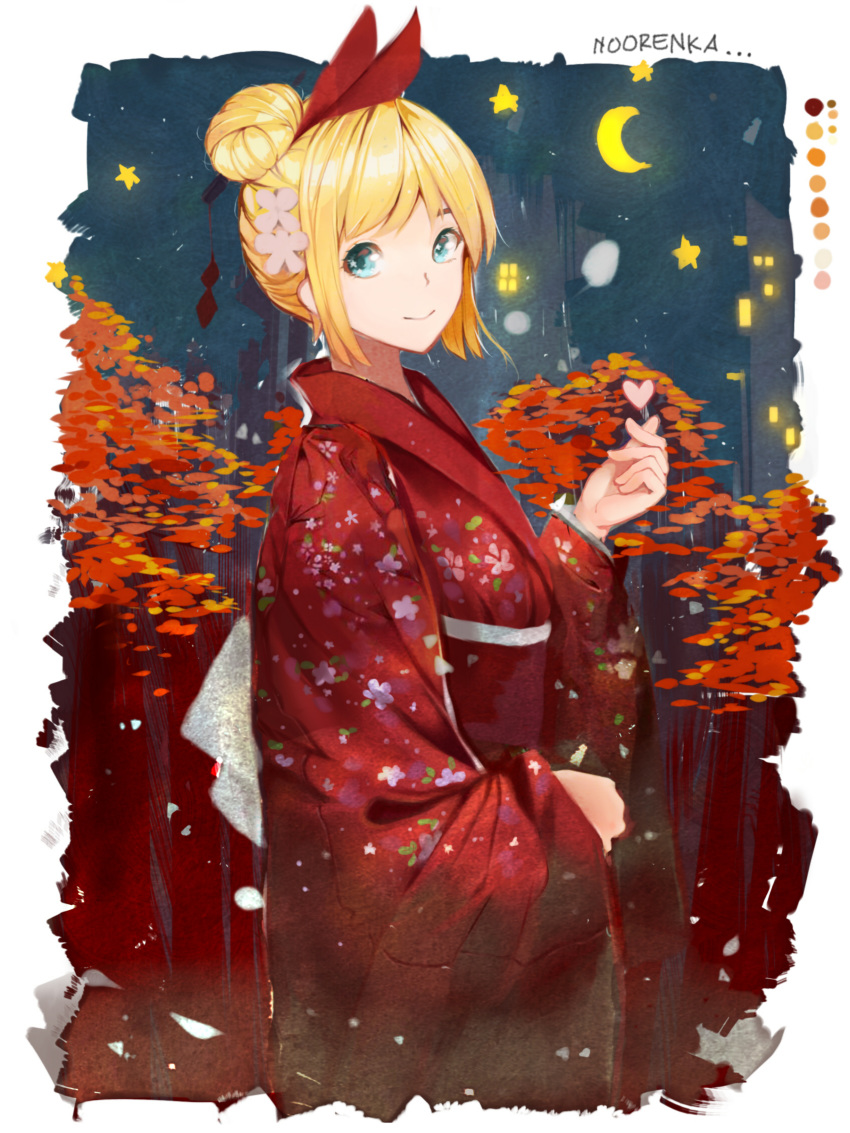 aqua_eyes artist_name blonde_hair bow building color_guide crescent_moon flower hair_bow hair_bun hair_flower hair_ornament heart highres japanese_clothes kimono kirisaki_chitoge moon night nisekoi sidelocks sky smile star star_in_eye symbol_in_eye tree user_khcs5753