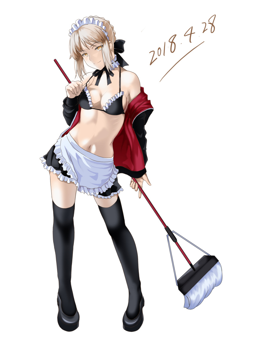 2018 absurdres alternate_costume apron artoria_pendragon_(all) artoria_pendragon_(swimsuit_rider_alter) bikini black_legwear black_ribbon blonde_hair blush braid breasts cleavage contrapposto dated enmaided fate/grand_order fate_(series) french_braid hair_ribbon highres jacket jacket_over_swimsuit love-saber maid maid_headdress medium_breasts mop navel neck_ribbon off_shoulder ribbon saber solo standing strap_gap swimsuit swimsuit_under_clothes thighhighs white_background yellow_eyes