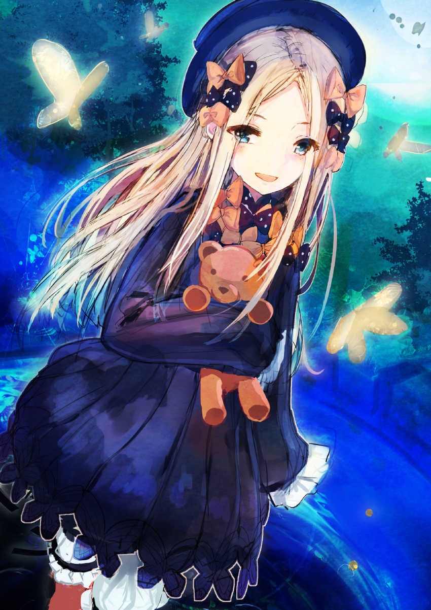 1girl abigail_williams_(fate/grand_order) bangs black_bow black_dress blonde_hair blue_eyes bow bug butterfly cowboy_shot dress fate/grand_order fate_(series) hair_bow highres holding holding_stuffed_animal insect long_hair looking_at_viewer night orange_bow outdoors parted_bangs polka_dot polka_dot_bow short_dress shorts shorts_under_dress sleeves_past_wrists solo standing stuffed_animal stuffed_toy tatsukisan teddy_bear white_polka_dots white_shorts