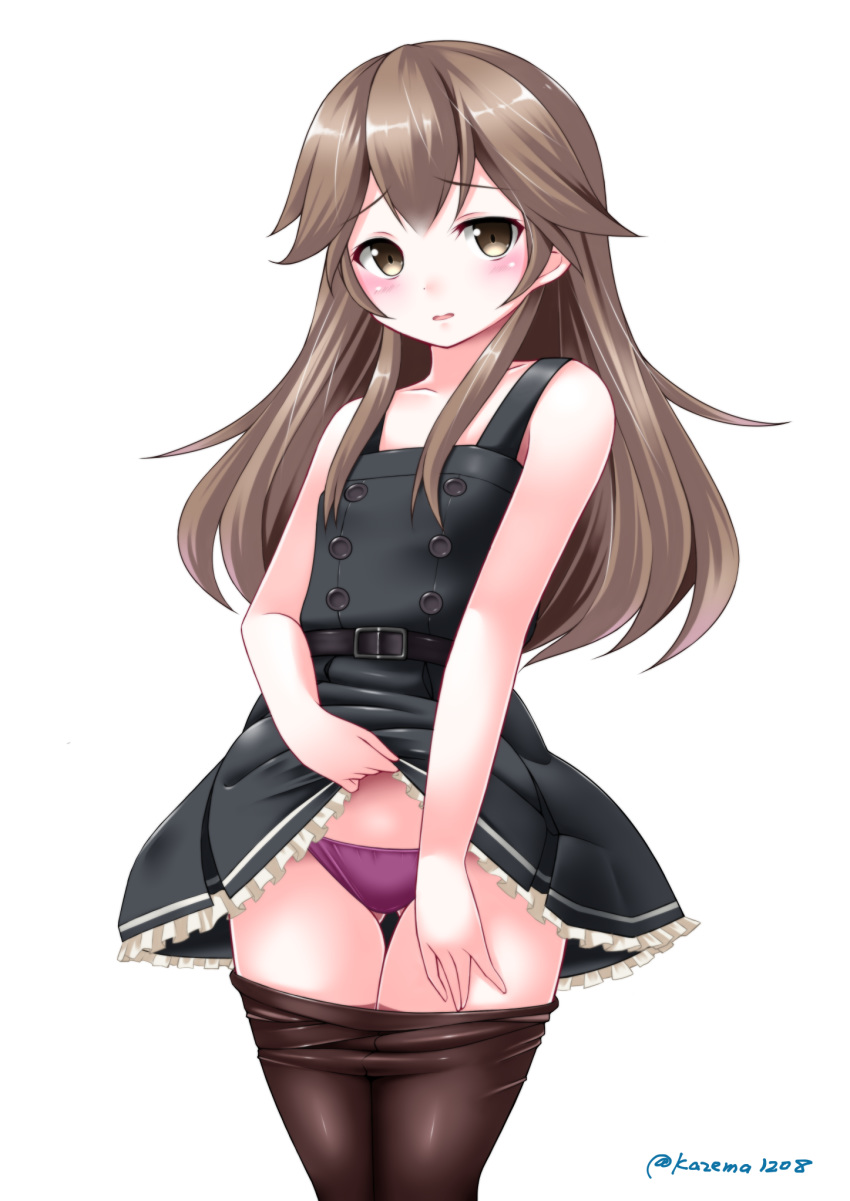 arashio_(kantai_collection) brown_eyes brown_hair brown_legwear collarbone dress dress_lift embarrassed eyebrows_visible_through_hair frilled_dress frills highres kantai_collection kaze_makase lifted_by_self long_hair md5_mismatch no_shirt open_mouth panties pantyhose pantyhose_around_legs pantyhose_pull pinafore_dress purple_panties remodel_(kantai_collection) twitter_username underwear