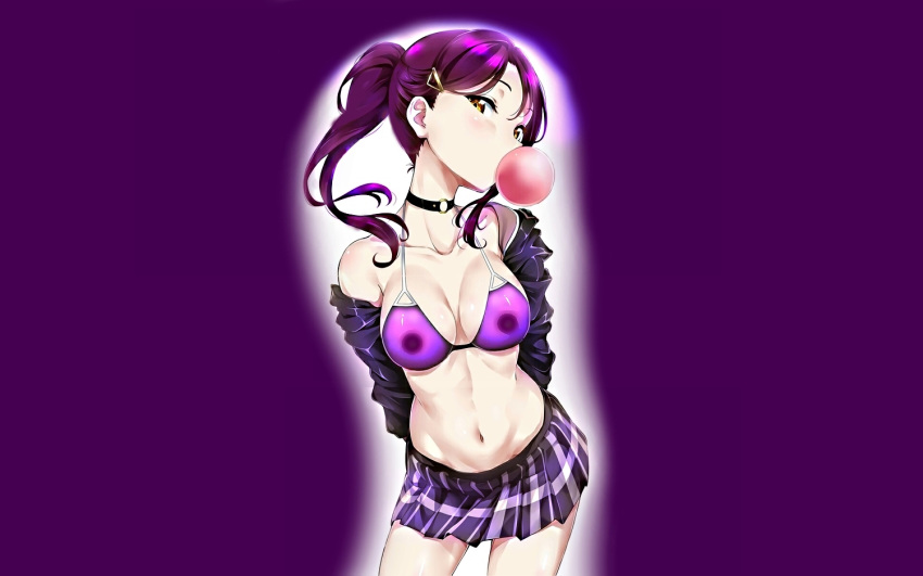 bikini_top breasts cleavage love_live!_school_idol_project love_live!_sunshine!! nipples purple purple_hair sakurauchi_riko see_through skirt