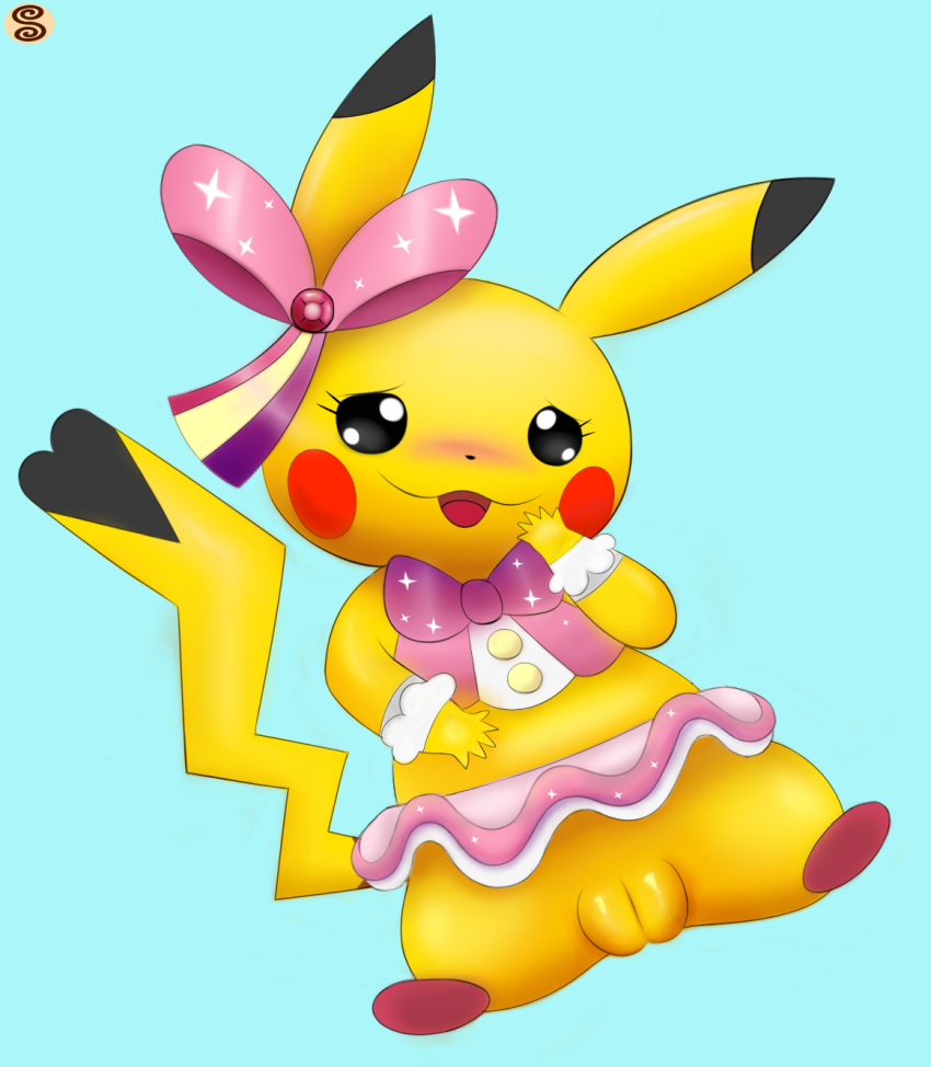 blush bow cleft_tail clothed clothing cosplay cosplay_pikachu female feral fur hair_bow hair_ribbon nintendo open_mouth pikachu pikachu_pop_star pok&eacute;mon pok&eacute;mon_(species) pussy ribbons skirt smile solo swizzle tongue video_games yellow_fur