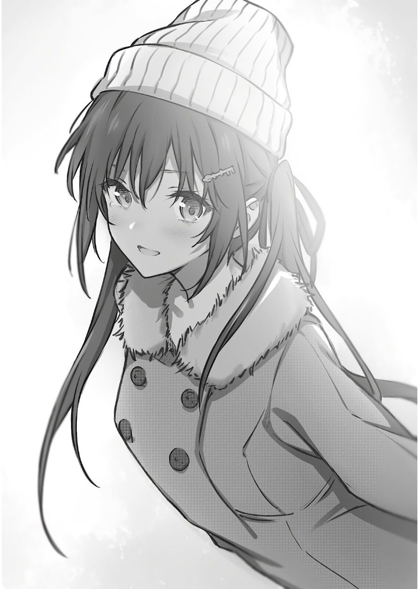 1girl :d coat fur_coat gamers! greyscale hair_between_eyes hair_ornament hairclip hat highres leaning_forward looking_at_viewer monochrome novel_illustration official_art open_mouth saboten smile solo standing upper_body winter_clothes winter_coat