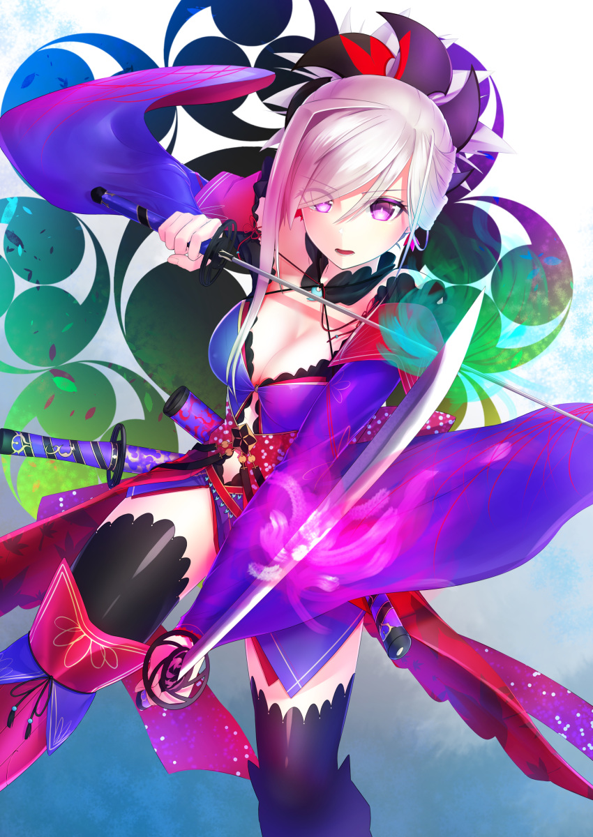 1girl absurdres asymmetrical_hair black_legwear blue_kimono blue_sleeves breasts celeryma choker cleavage detached_sleeves dual_wielding earrings eyes_visible_through_hair fate/grand_order fate_(series) hair_between_eyes hair_ornament hair_over_one_eye highres holding holding_sword holding_weapon japanese_clothes jewelry katana kimono leg_up long_hair long_sleeves looking_at_viewer magatama_necklace medium_breasts miyamoto_musashi_(fate/grand_order) navel_cutout open_mouth purple_eyes short_kimono silver_hair sleeveless sleeveless_kimono solo sword thighhighs tied_hair weapon wide_sleeves zettai_ryouiki