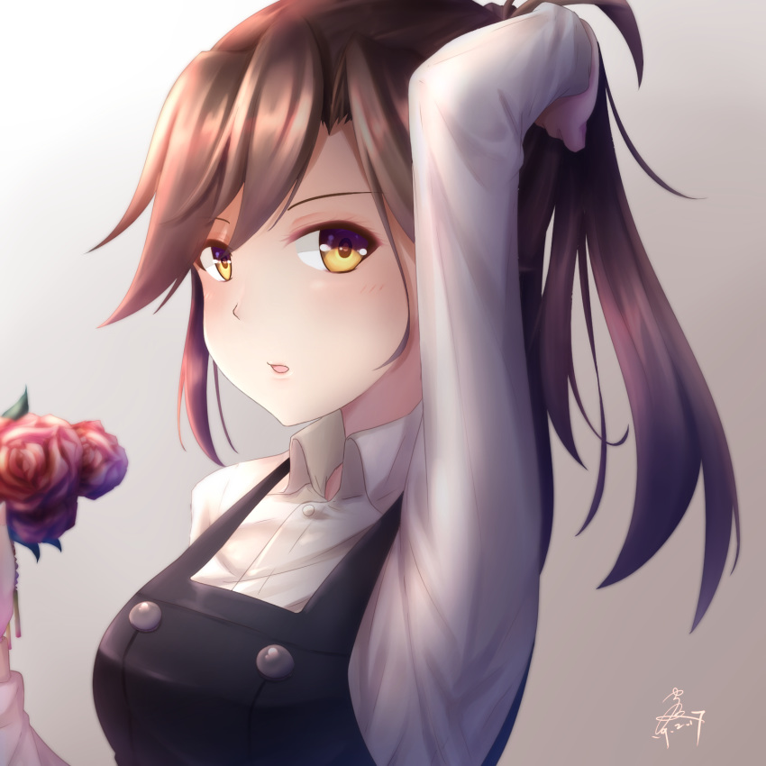 1girl alternate_hairstyle arashio_(kantai_collection) black_dress breasts brown_hair buttons collared_shirt dress eyebrows_visible_through_hair flower gradient gradient_background grey_background hair_between_eyes hand_behind_head hand_in_hair highres kantai_collection lips long_hair long_sleeves looking_at_viewer medium_breasts open_mouth pinafore_dress pink_flower pink_rose ponytail rose school_uniform seiya_(iiseven) shirt signature sleeveless sleeveless_dress solo upper_body white_shirt yellow_eyes