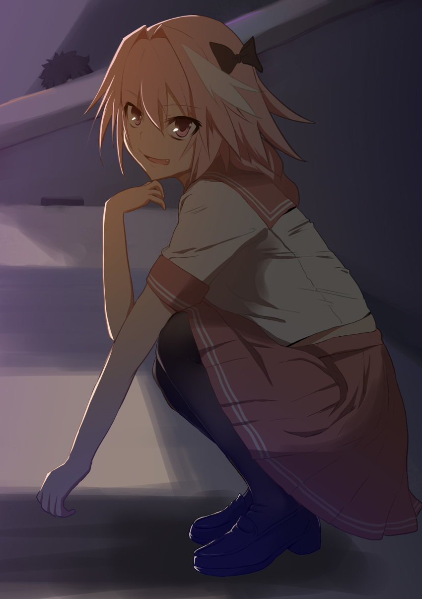 1boy androgynous ashino_moto astolfo_(fate) black_bow black_footwear black_legwear bow eyebrows_visible_through_hair fang fate/apocrypha fate_(series) hair_between_eyes hair_bow highlights highres loafers miniskirt multicolored_hair open_mouth pink_eyes pink_hair pink_sailor_collar pink_skirt pleated_skirt sailor_collar school_uniform shirt shoes short_hair short_sleeves skirt solo squatting trap white_shirt