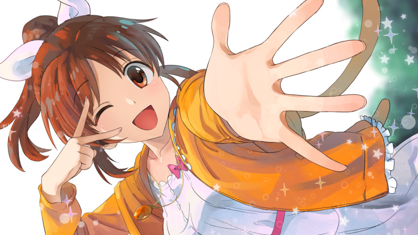 :d abe_nana bow brown_eyes brown_hair commentary_request dress dutch_angle eyebrows_visible_through_hair hair_bow hand_up idolmaster idolmaster_cinderella_girls jacket jewelry looking_at_viewer necklace one_eye_closed open_clothes open_jacket open_mouth orange_jacket ponytail shimejirou smile solo sparkle v_over_eye white_bow white_dress